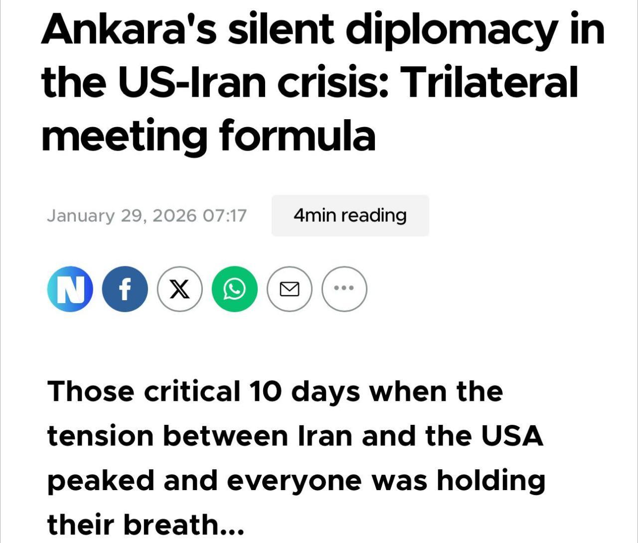 据《每日新闻》报道，土耳其提议举行由美国、伊朗和土耳其三方参与的高级别会议。➡️