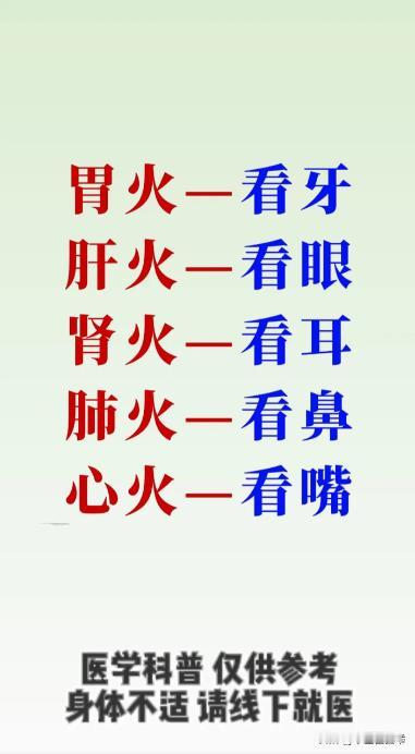 五火辨病法：胃火看牙、肝火看眼、肾火看耳、肺火看鼻、心火看嘴