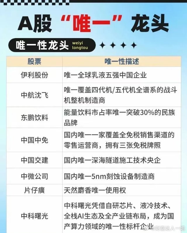 咱们大A唯一性的龙头个股梳理分析（上）A股市场中在各自领域具有“唯一性”竞争优势