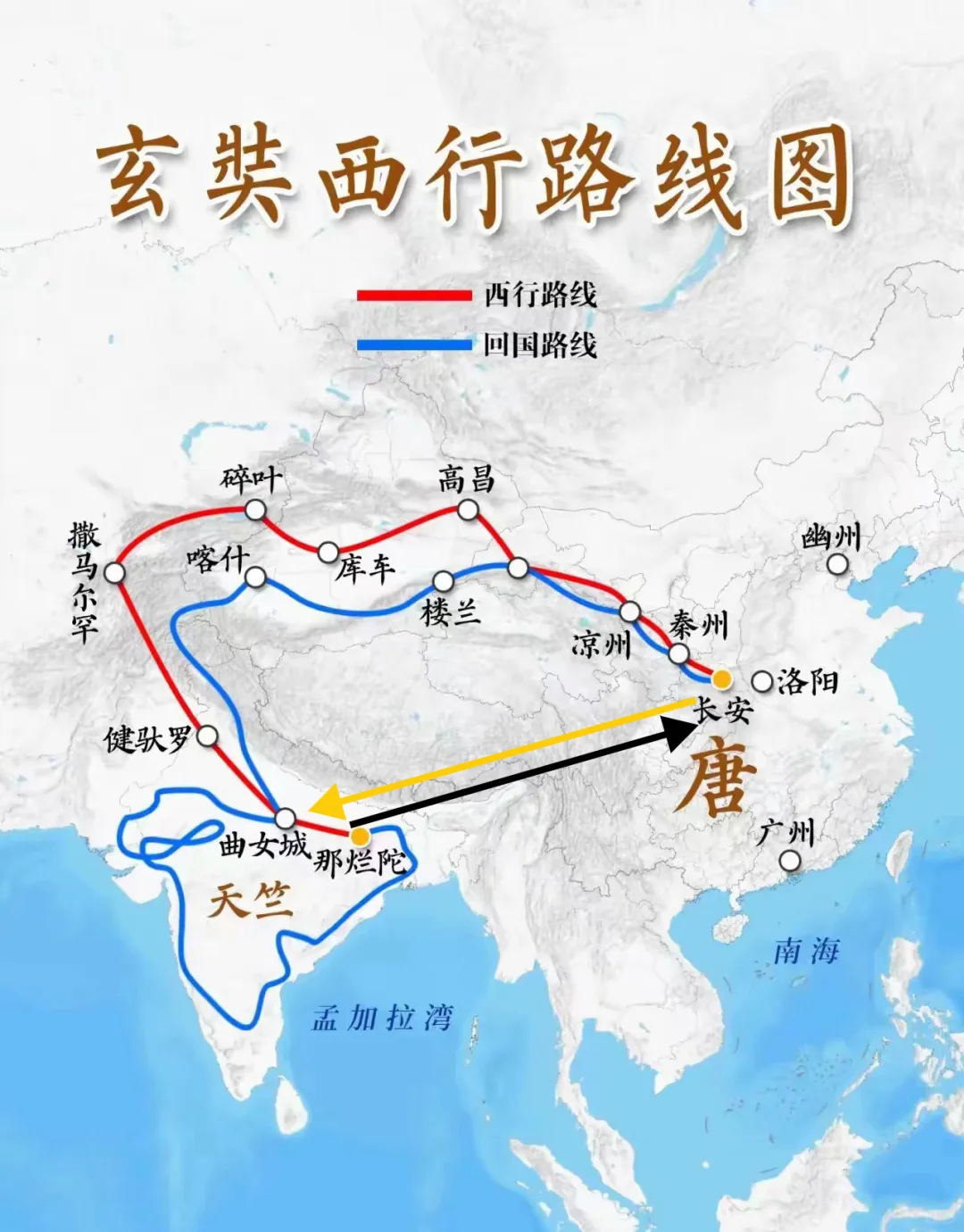 玄奘取经路线图，为啥不从更便捷的西南走