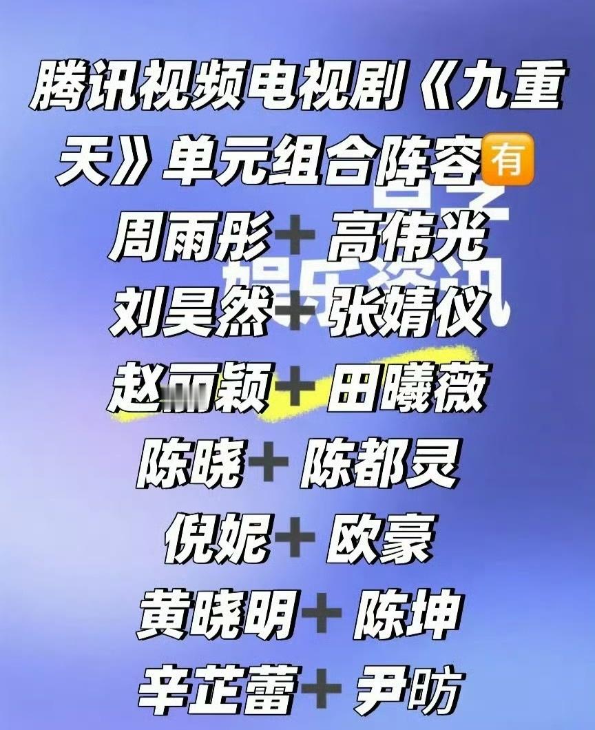 九重天阵容 网传电视剧《九重天》由徐兵导演兼编剧，共九个单元，主演有赵丽颖、刘昊