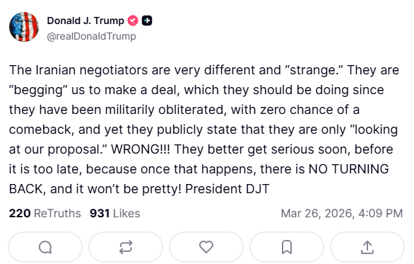 【特朗普警告伊朗在和平协议问题上认真起来】当地时间3月26日，美国总统特朗普在其