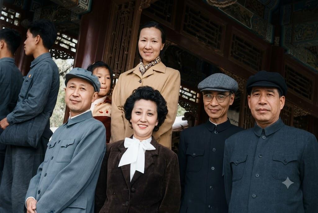 1960年，中国科学界几位巨擘及其家人在北京颐和园。
前排左侧是“中国航天之父”