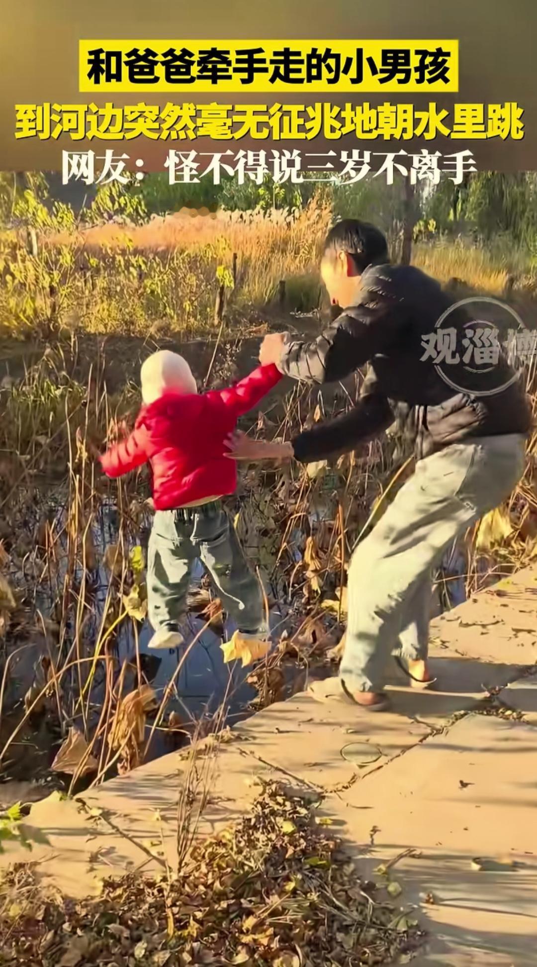 小男孩拉着爸爸的手往水边走，刚在水边站下，小男孩忽然毫无征兆的就往水里跳。
得亏
