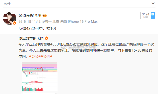 黄金4324空，4314出局，获100点这行情没啥好说的，反弹越不过昨晚的一个次