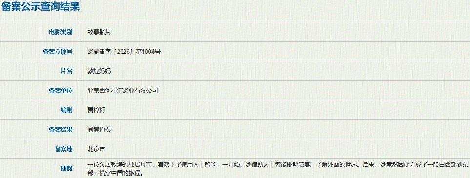 影片梗概显示为：一位久居敦煌的独居母亲，喜欢上了使用人工智能。一开始，她借助人工