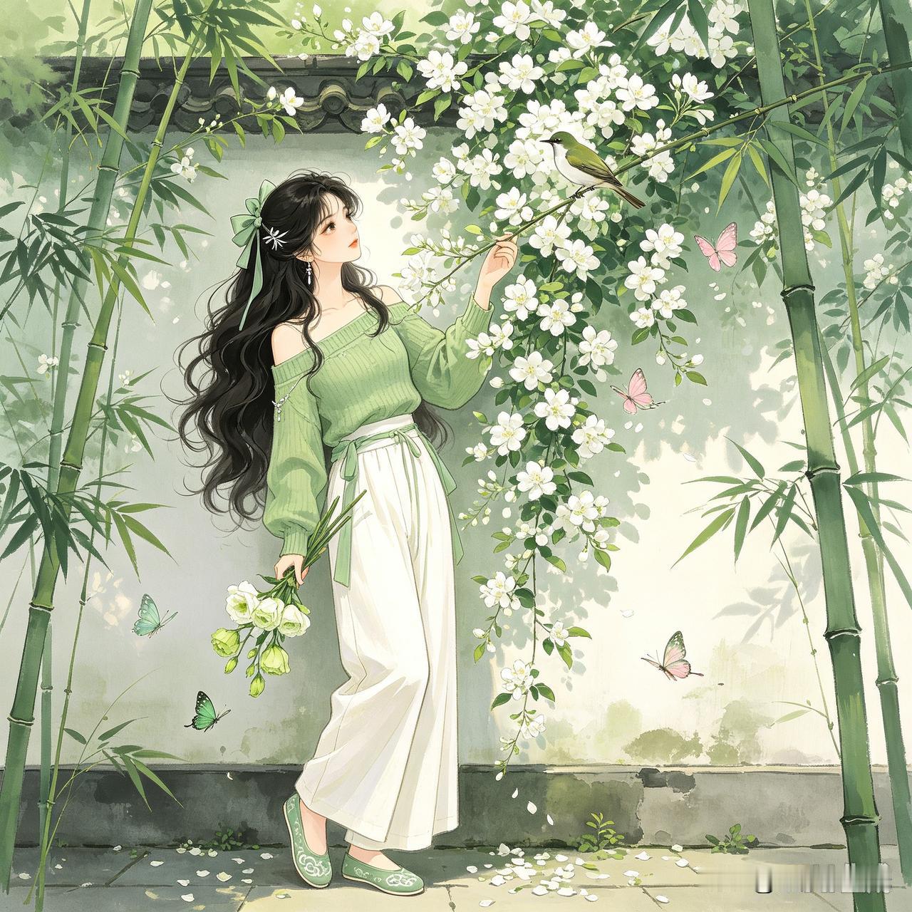 竹影漫过白墙，素花簌簌落满石阶。
绿衫少女静坐庭前，手握一束温柔花束，抬眼轻触花