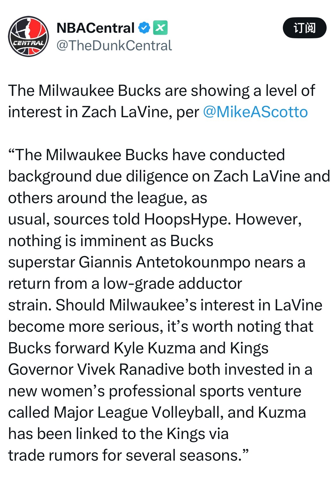 Michael Scotto：密尔沃基雄鹿队正对扎克-拉文展现出一定程度的兴趣。