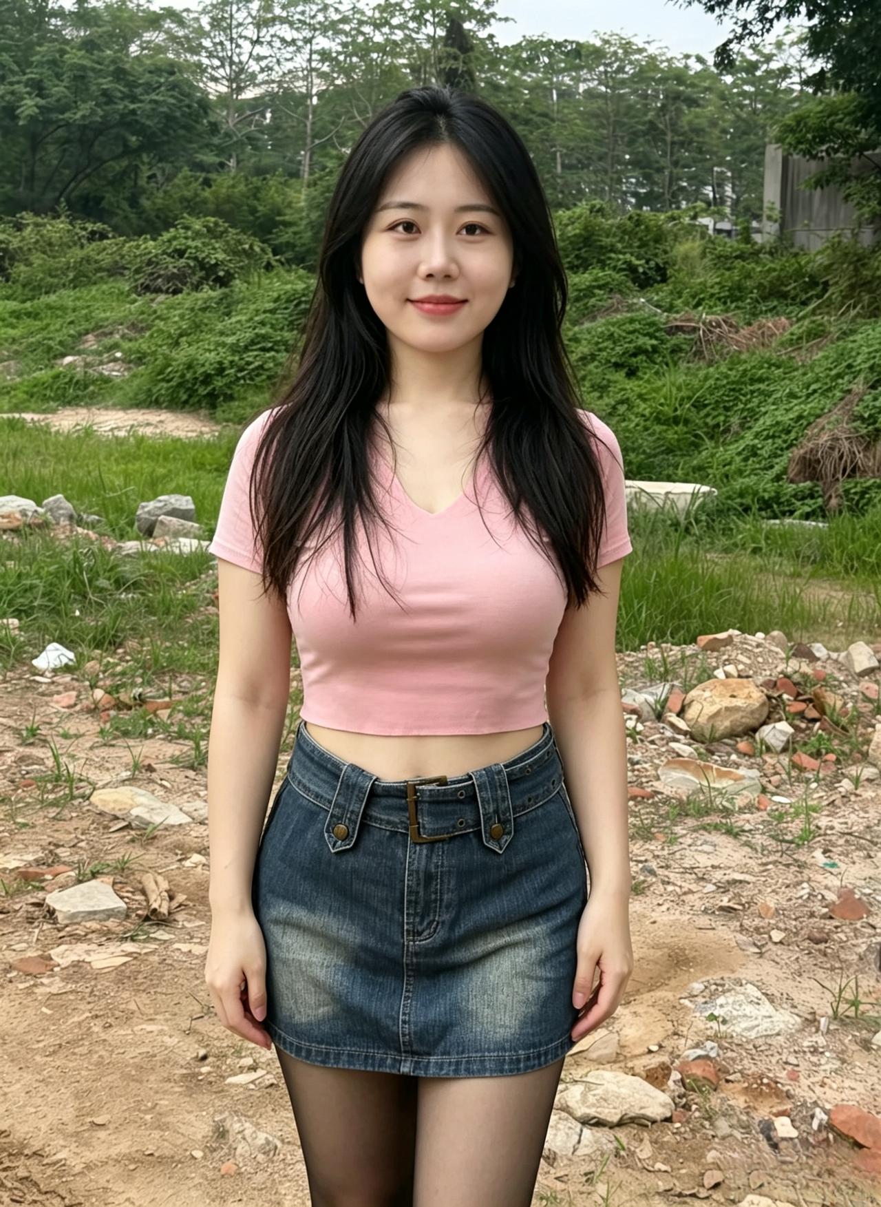 郊野的风，
带着草木的香，
吹过你粉色的短袖。
你站在碎石地上，
眼里的笑，
比