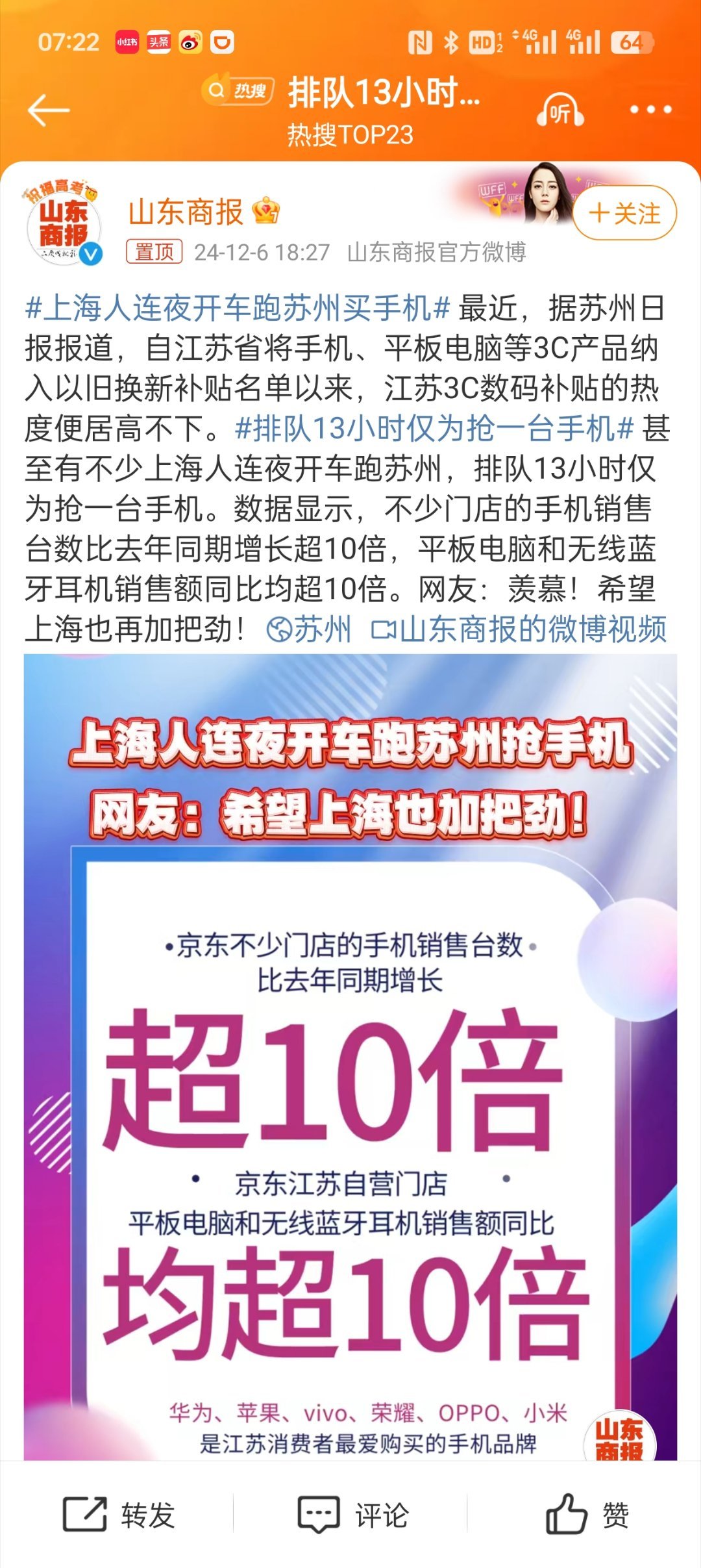 排队13小时仅为抢一台手机 为啥国补不是全国统一？上海跑江苏还行，我这大青岛跑过