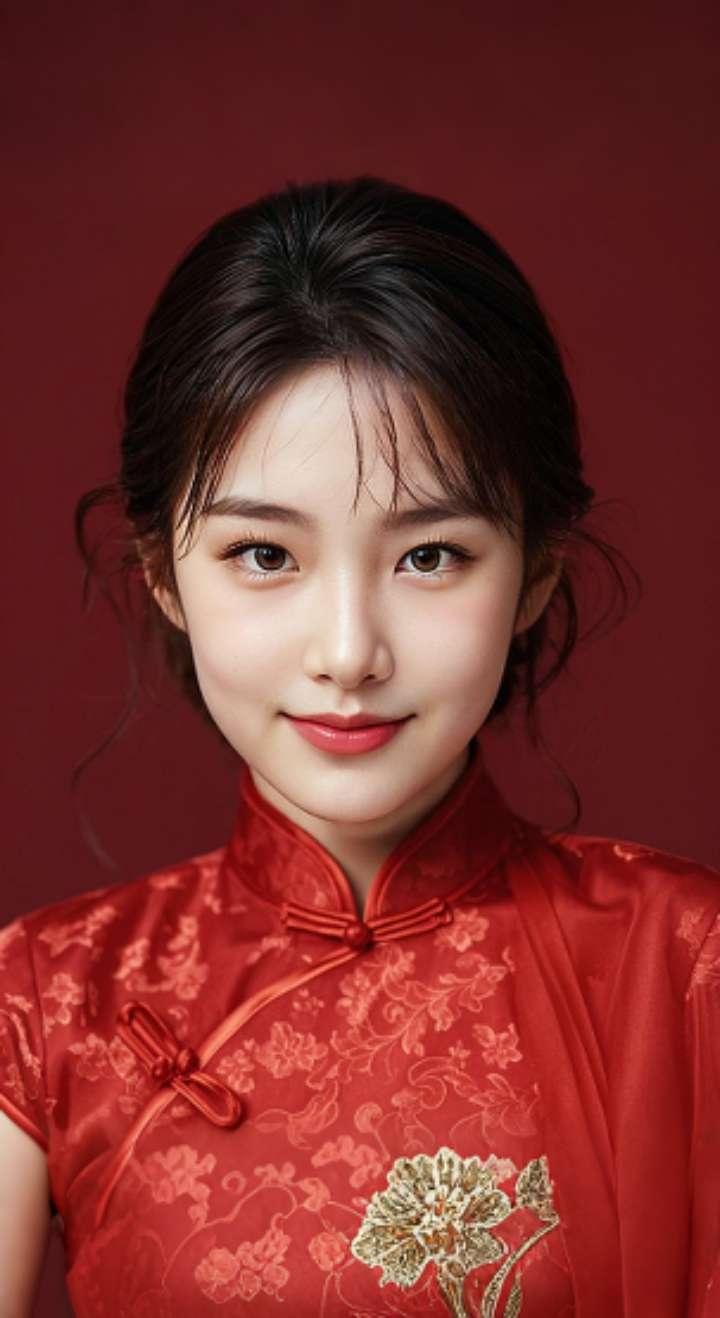 AI扩图 AI红裙浅笑