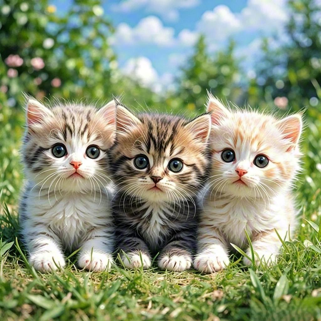 三只猫雏卧草茵，
眸光闪闪似星辰。
风来草动惊娇影，
各守方位情更真。
毛色斑斓