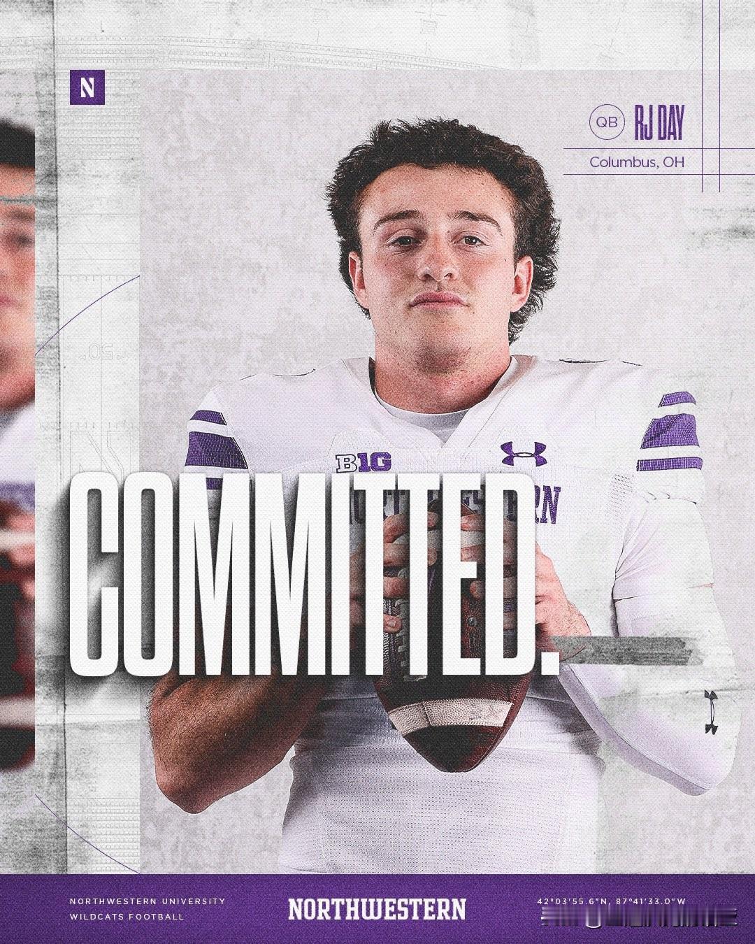 四分卫RJ Day宣布承诺加盟西北大学Northwestern，NCAA橄榄球 