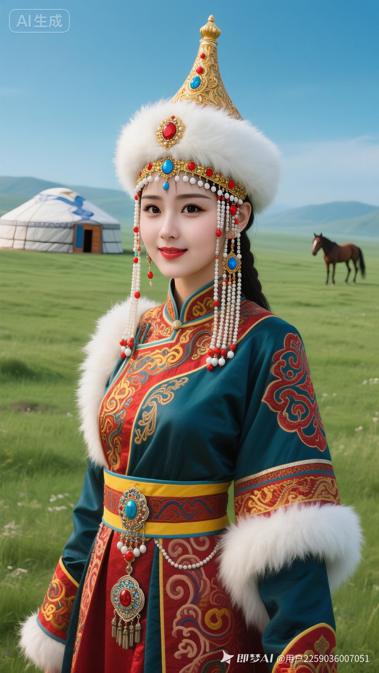 草原上的美丽公主，身着华丽的民族服饰，背景是辽阔的草原和蒙古包。