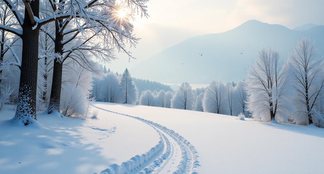 冬日生活打卡季在寒冷的冬日清晨，一片宁静而壮丽的风景展现在眼前。远处的树林被白雪