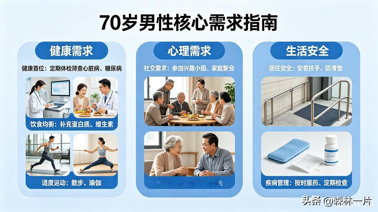 男人到了70岁，最需要的东西还挺多。健康肯定是首位，定期体检得安排上，像心脏病、