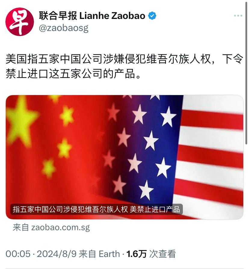 新加坡联合早报今天（8月9日）报道：“美国指五家中国公司涉嫌侵犯维吾尔族人权，下