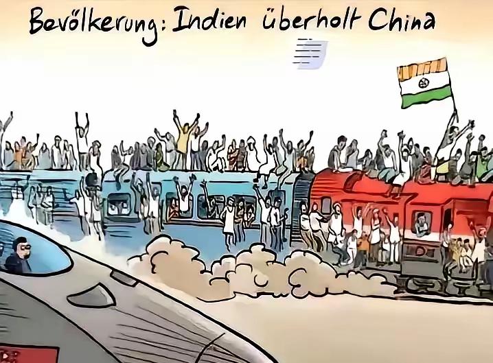 德国媒体也幽默，一幅漫画，“印度超越中国”。

中国的子弹头高铁，美观，高速，干