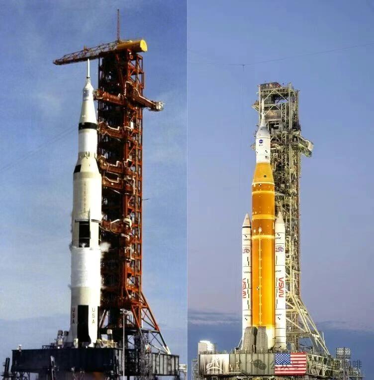 SLS和土星五号对比图
虽然已经过去了五六十年。
但是SLS就像是瘦了一圈的土星