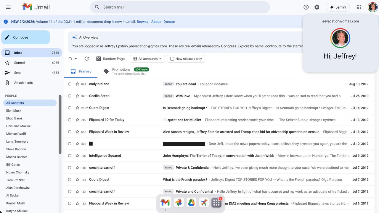 一名开发者将公开披露的爱泼斯坦电子邮件整理并重构，推出了一个可交互的“Gmail