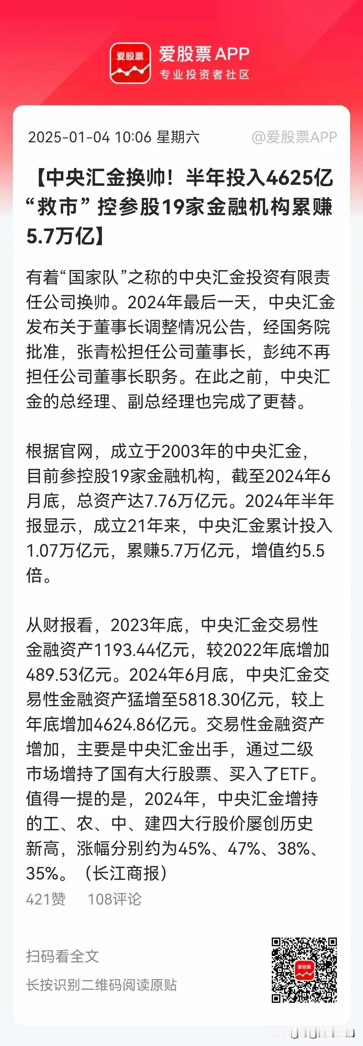 我滴个天，汇金成立21年来一共挣了5.7万亿，增值约5.5倍[震惊]！
今天有消