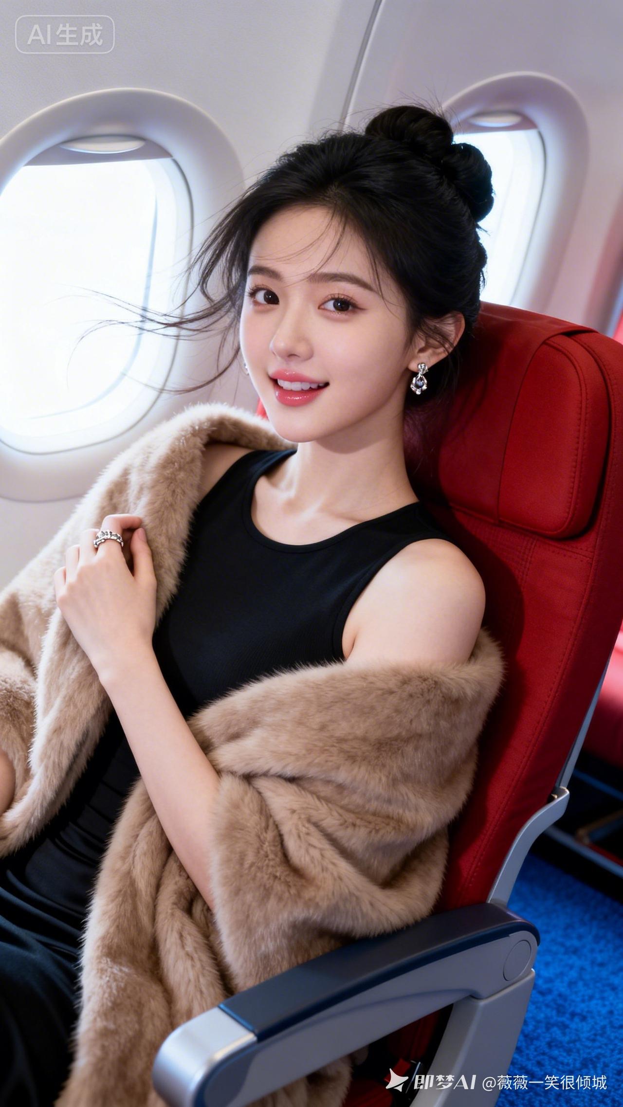 真实摄影，亚洲美少女，黑发盘起，佩戴耳环戒指，黑圆领长裙搭浅棕毛绒披肩，坐飞机红