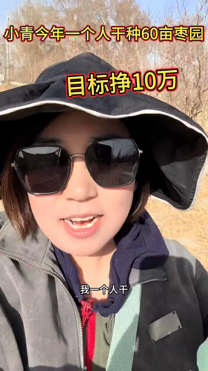小青今年一个人干种60亩枣园，目标挣10万。
今天本来想着自己干的，早上起来爬了