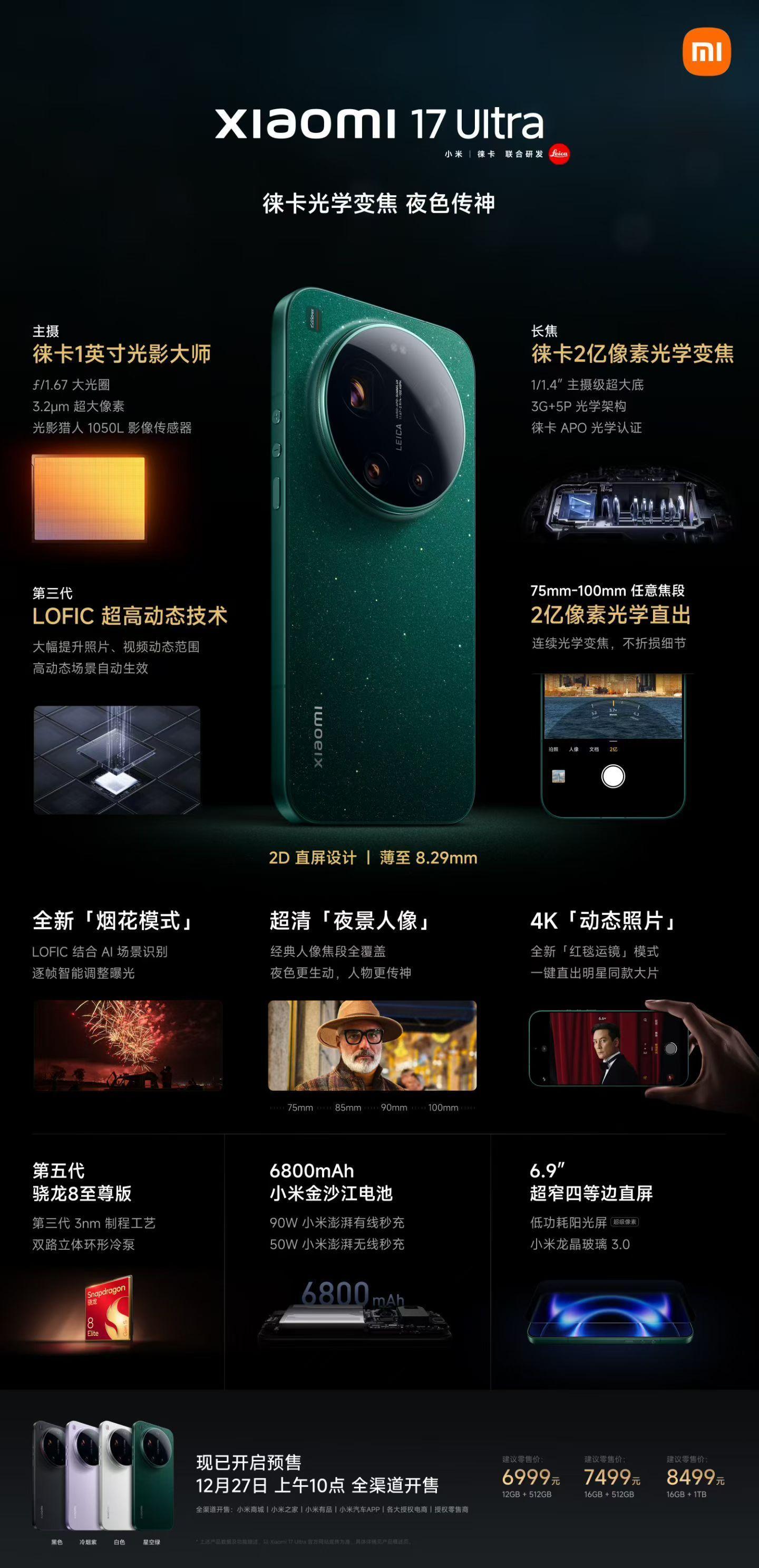 小米17Ultra价格6999起的价格12+512配置！涨价了呢，上一代6999