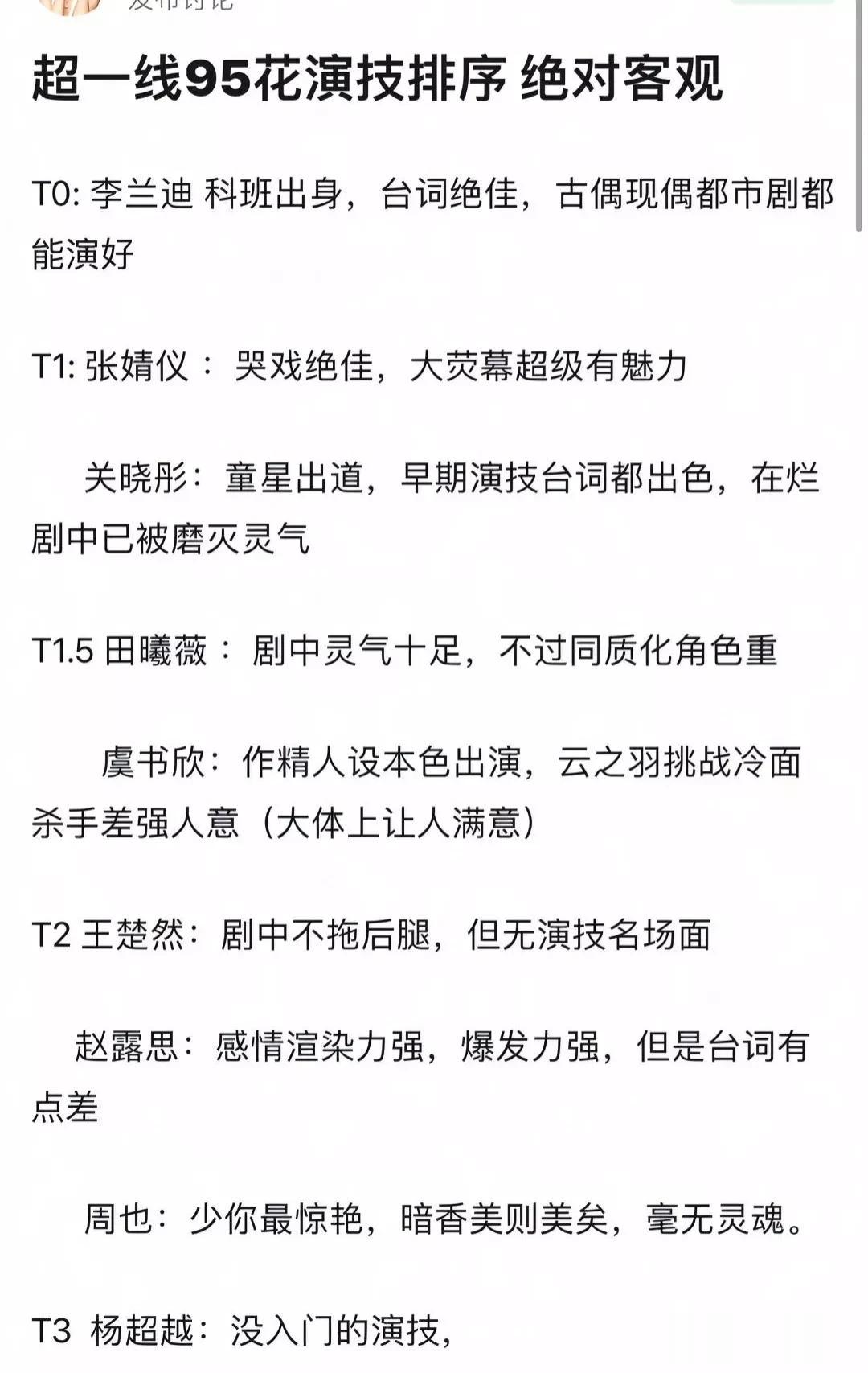 网友总结的内娱超一线95🌸演技排序：
李兰迪＞张婧仪＝关晓彤＞田曦薇＝虞书欣＞