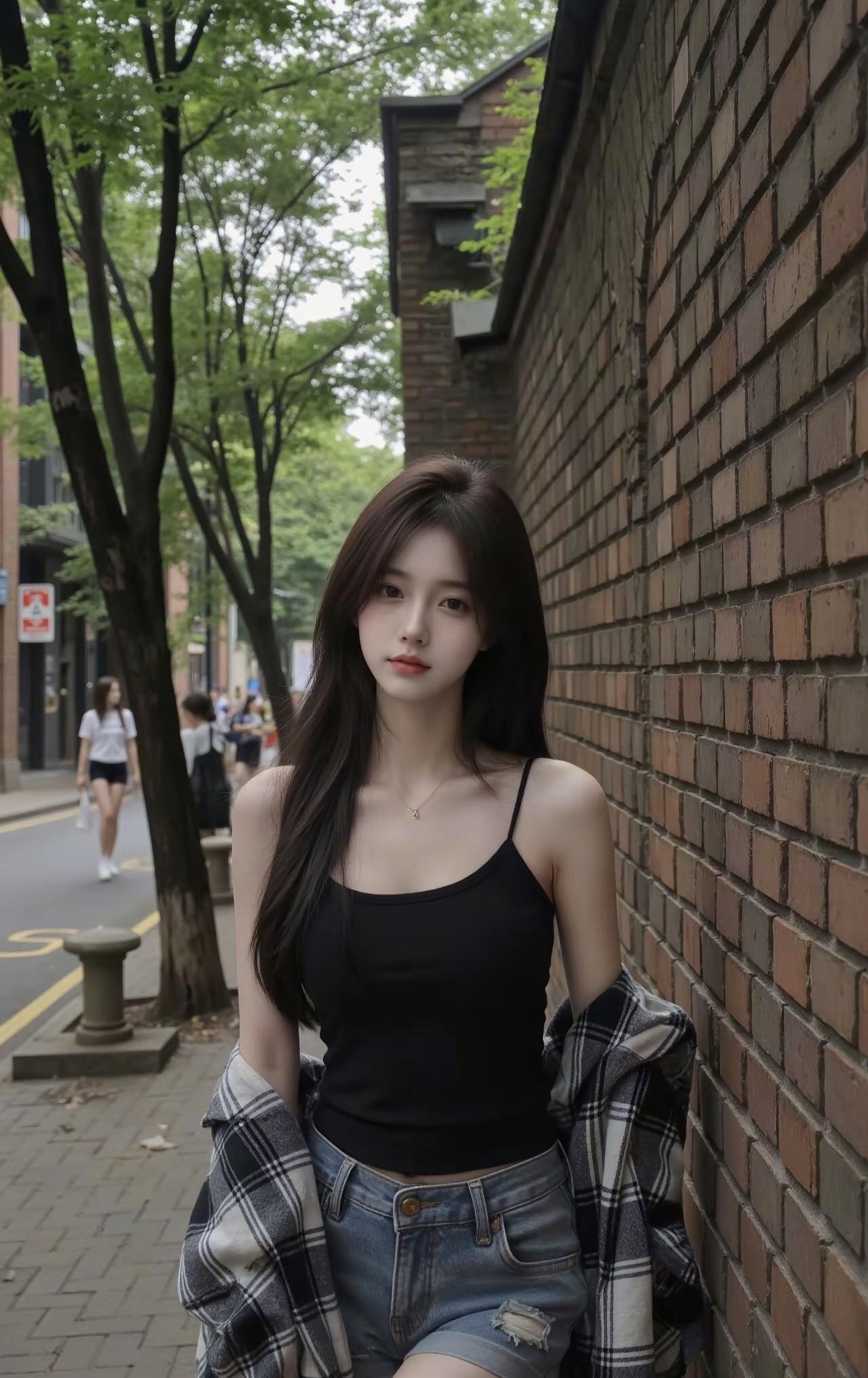 砖墙的温度裹在风里，黑吊带刚好接住夏天的松弛感。随手搭着的格纹衫，是没说出口的“