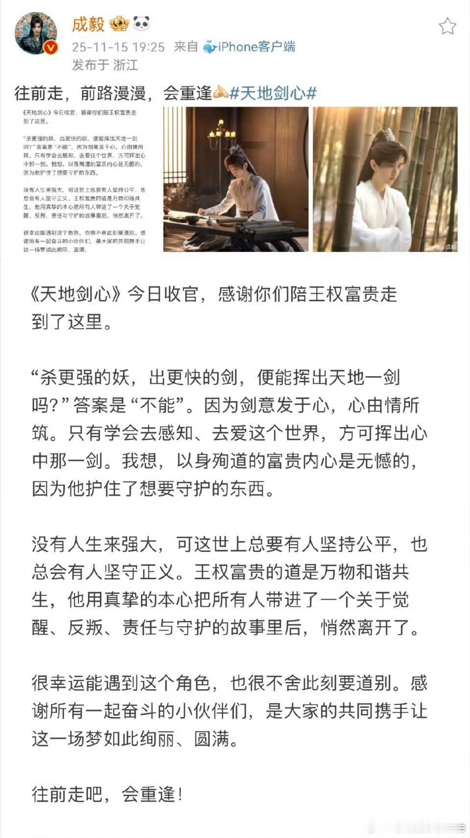 存下成毅这一篇篇收官文。他永远怀着敬畏走进角色，用文字好好告别每一段故事。真诚细