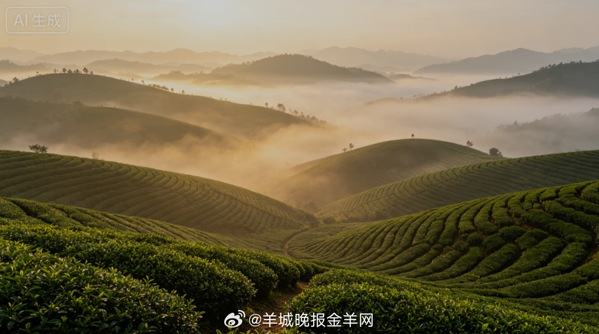 #早安# 晨雾缠绕层层起伏的茶园，淡金晨光穿过薄雾落在茶枝上。慢悠悠走在茶田小道
