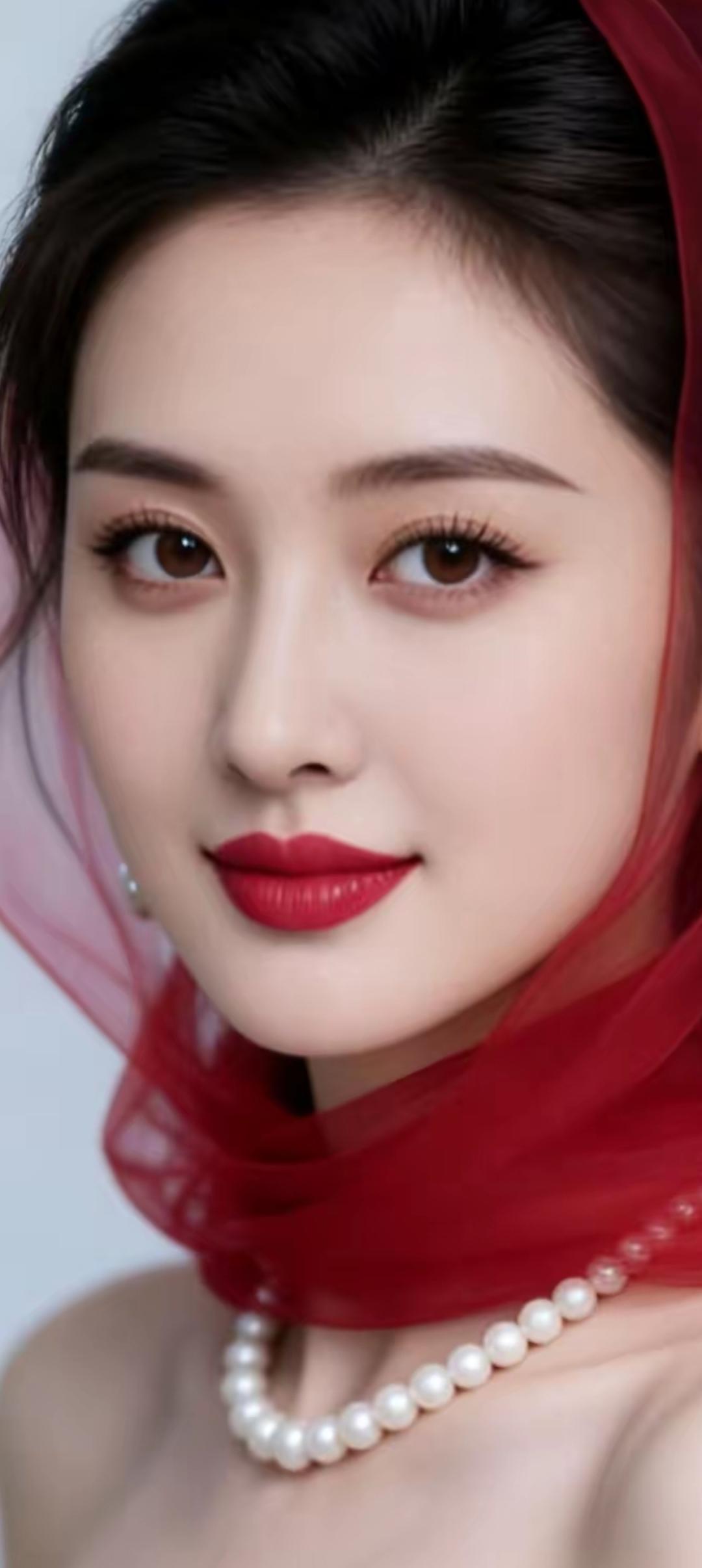 优雅红唇，珍珠项链，复古风情的迷人女子