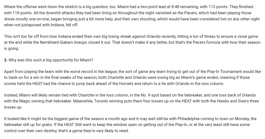 热火官网作者赛后撰文：“热火第四节进攻突然哑火，错失跳出附加赛赛区的关键机会”热