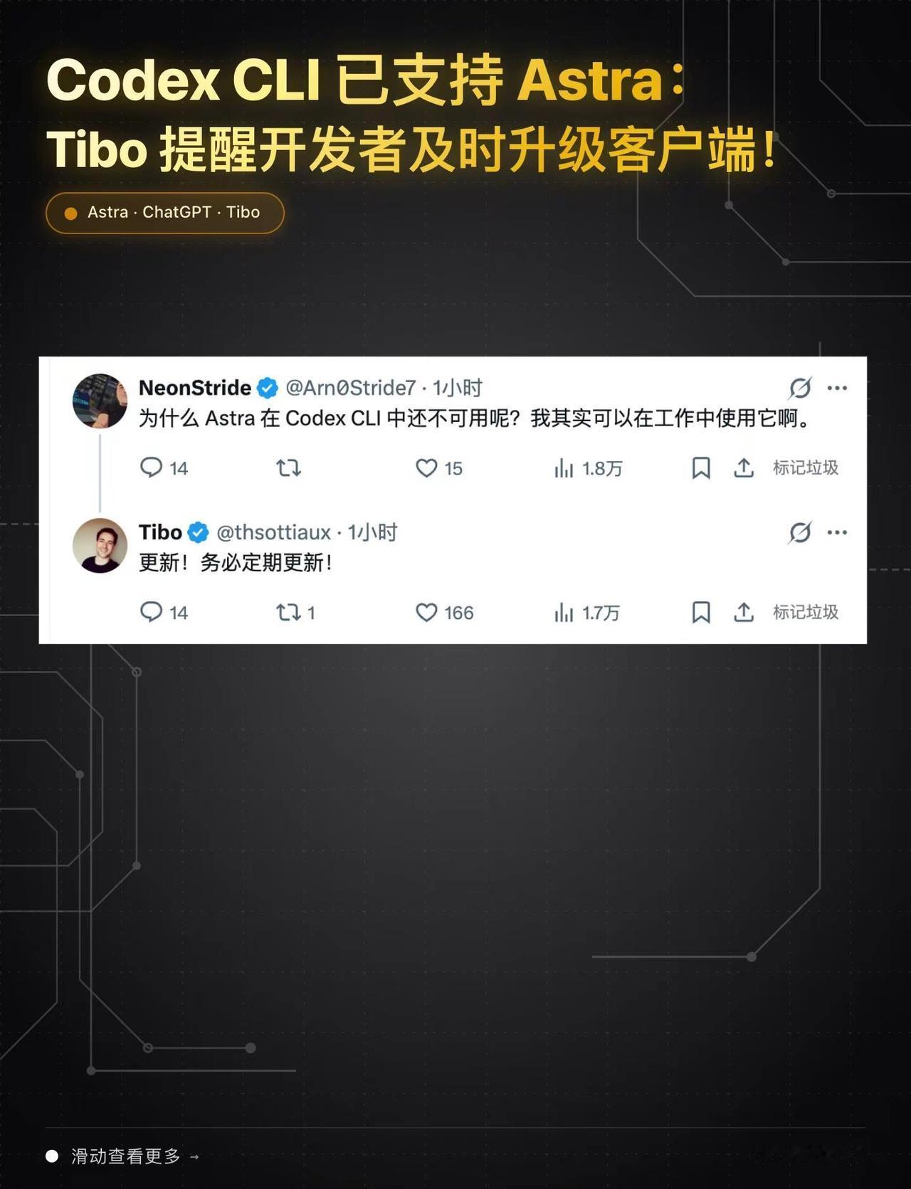 有用户询问为何 Codex CLI 中没有 Astra，Tibo 回应提示：“更
