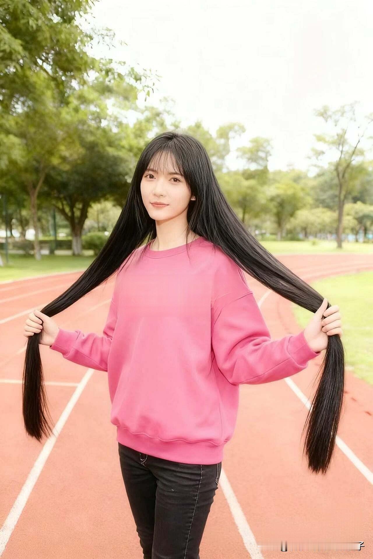 元气少女在操场，粉衫黑发，青春洋溢！🌞💖