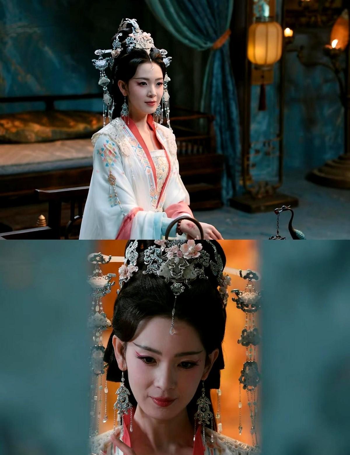 陈瑶那身白袍一上身，脸直接灰了。
头冠高得像在头顶架了座塔，演员低头都费劲。
常