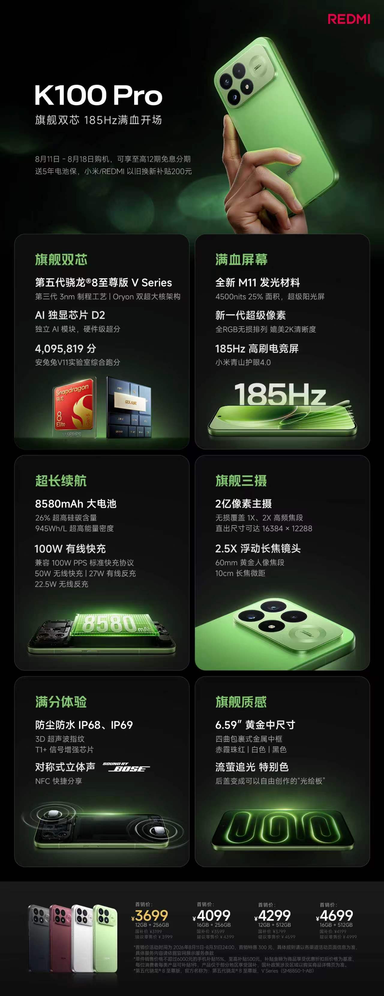 红米K100Pro系列价格红米K100 Pro的价格3199元起，第五代骁龙8至