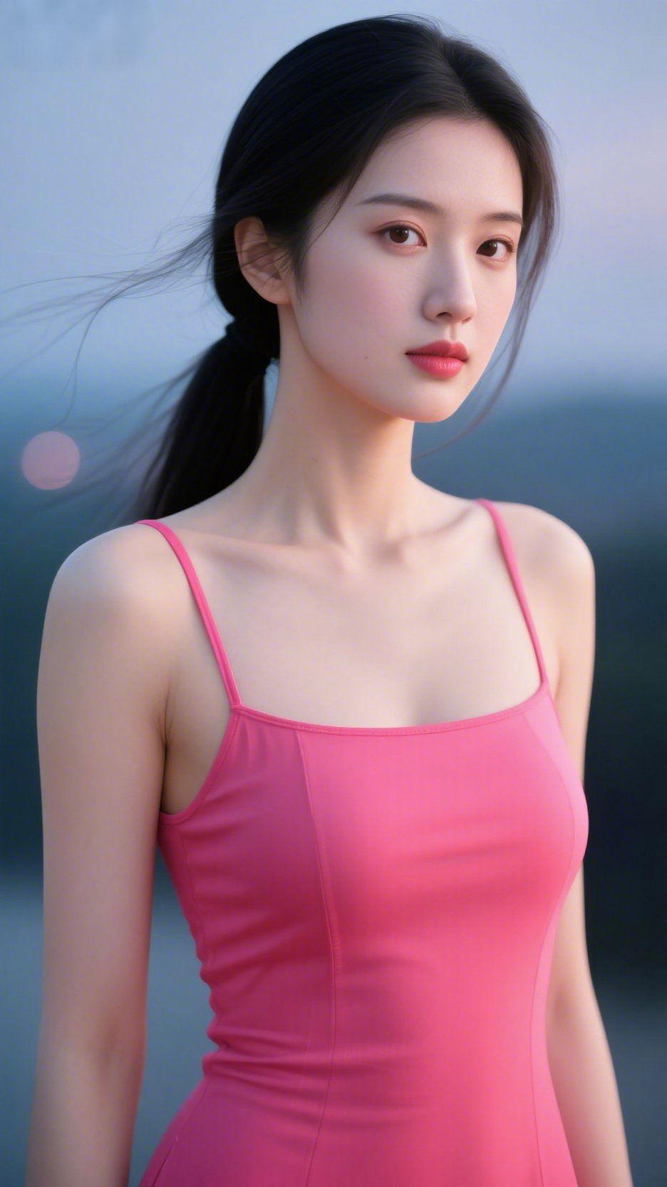 《粉衫栖在晚风中》
 
暮色轻笼天际时，她立在风里，似将黄昏的柔色融作衣袂。粉衫