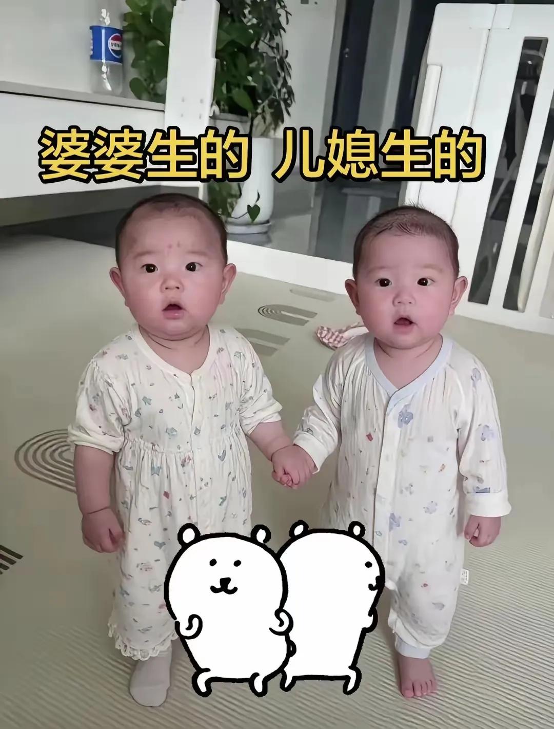 这可不是双胞胎。
他俩是叔侄关系。高点的那个是婆婆生的，矮点的是儿媳妇生的。
俩