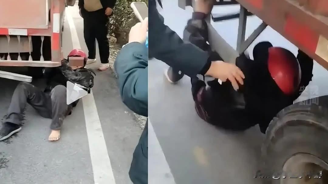 中国湖南邵阳近日发生一起惊险事故。一名七旬老翁骑摩托车时被货车卷入车底，悬空拖行