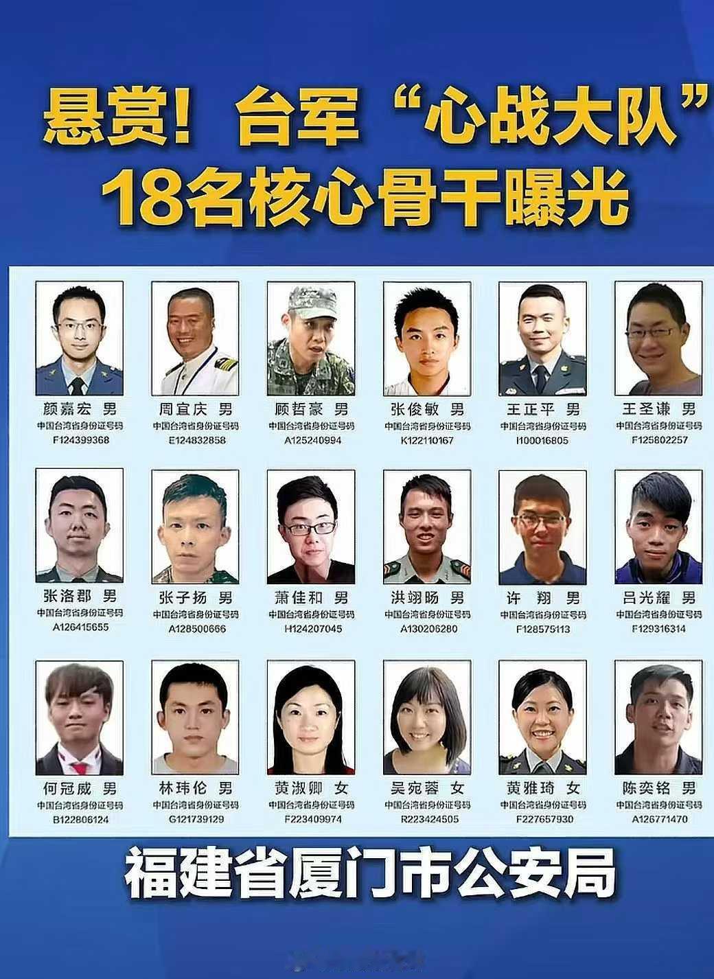 18名台军心战大队骨干曝光 哈哈哈哈，厦门公安这个公告好啊，希望早日统一[不愧是