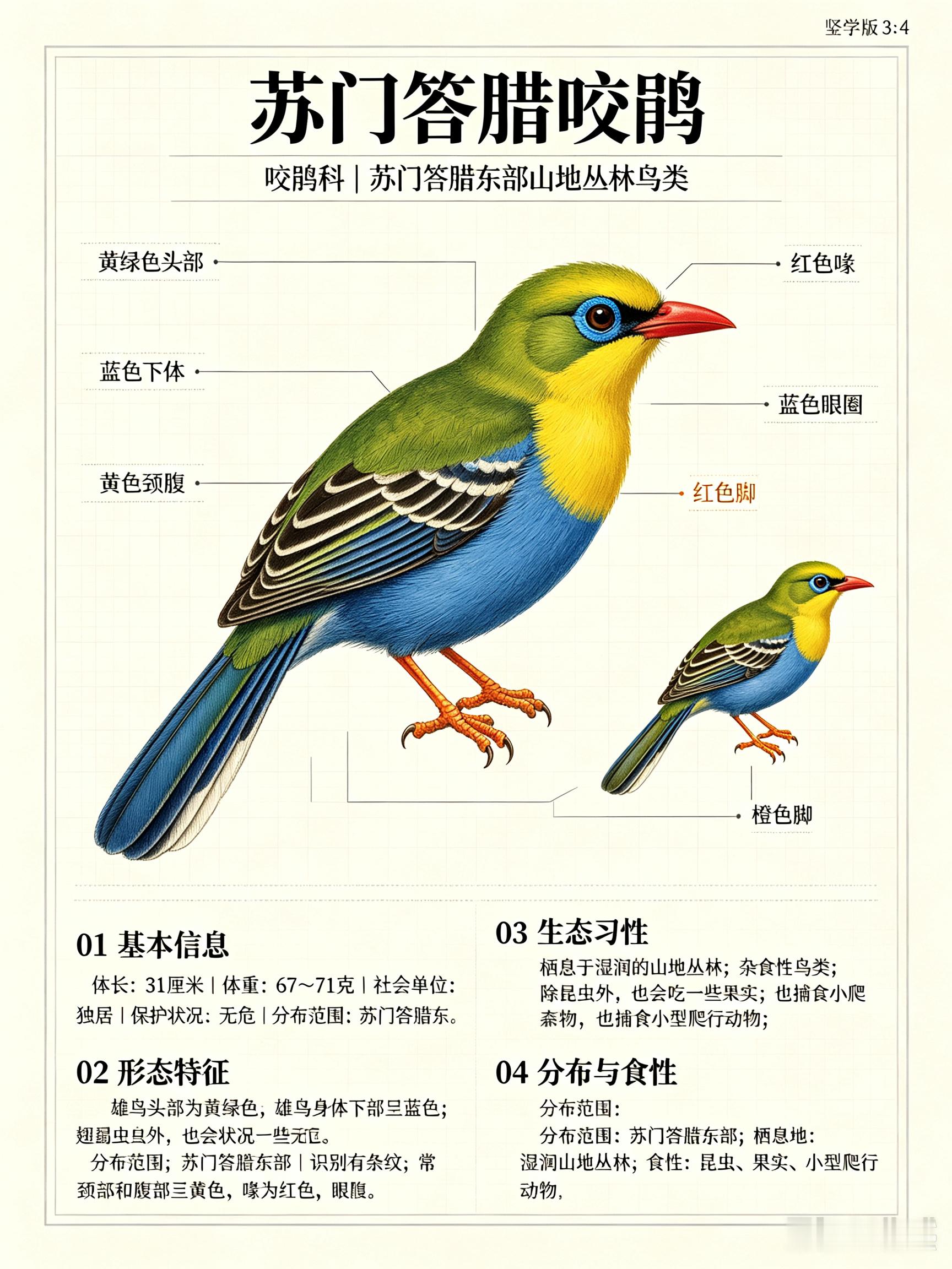 鸟类朋友图鉴 苏门答腊咬鹃体长：31 厘米体重：67~71 克社会单位：独居保护