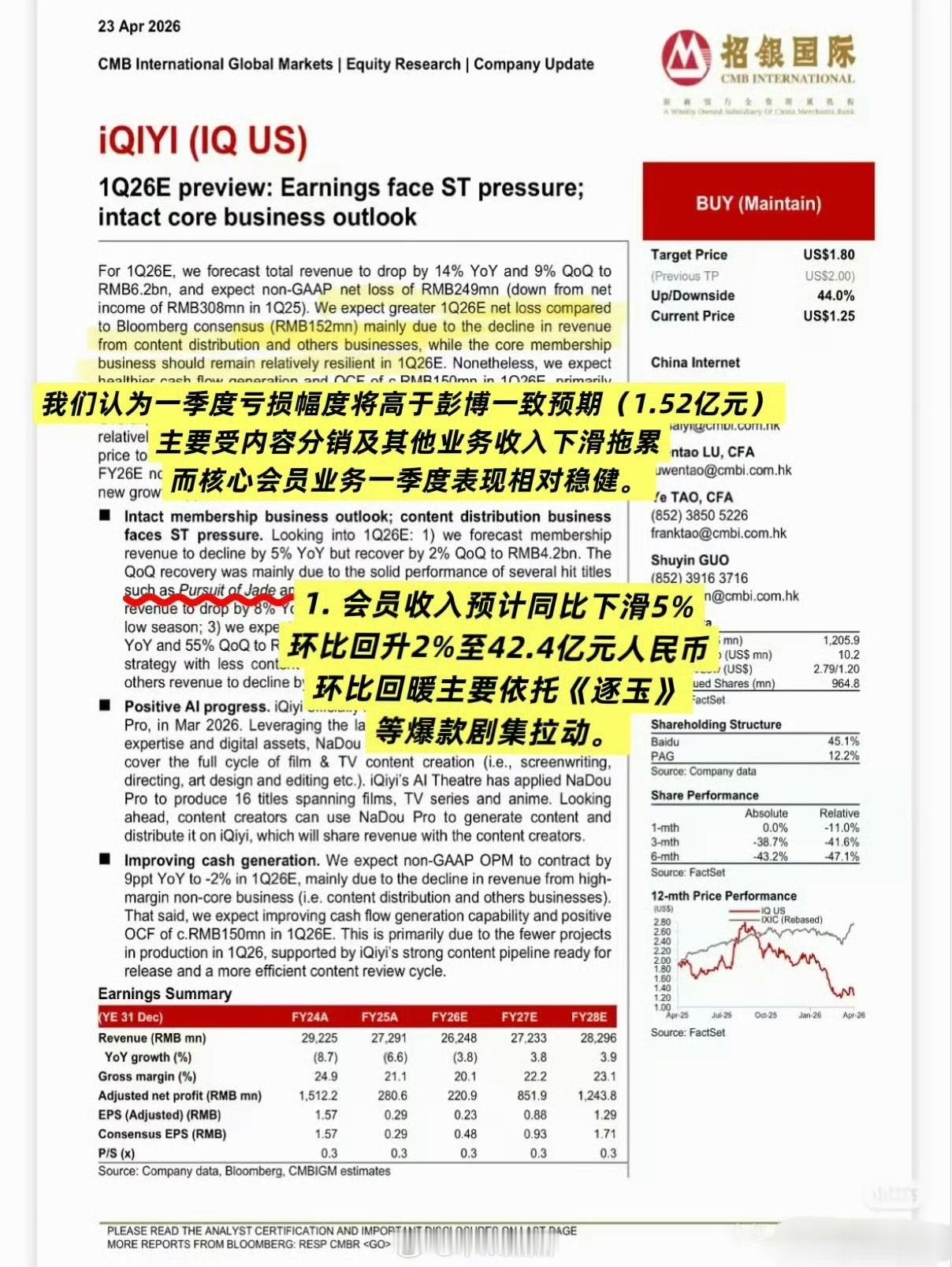 🥝是真的逐玉第一吹 CMB International发布的爱奇艺美股（IQ 