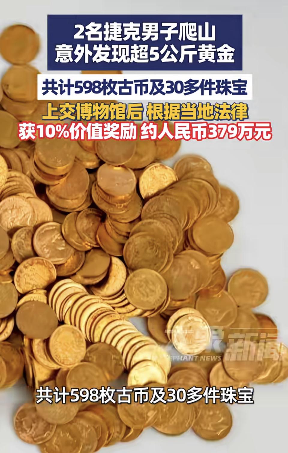 捷克斯洛伐克男子意外发现5公斤黄金，政府按市价的百分之十给男子约379万人民币的