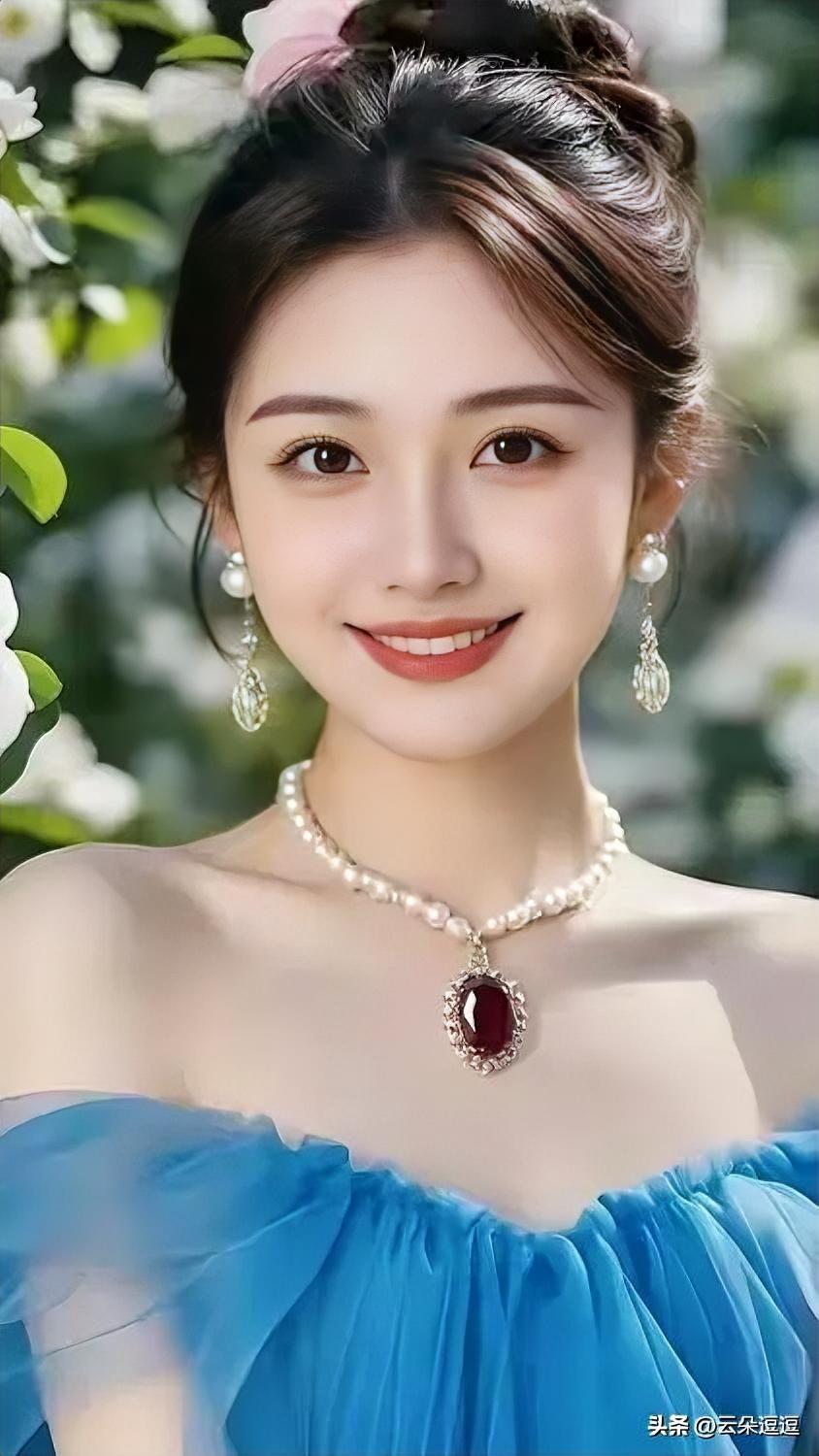 优雅蓝裙，珍珠项链，闪耀耳环，甜美笑容，花海背景，女神气质，完美搭配
