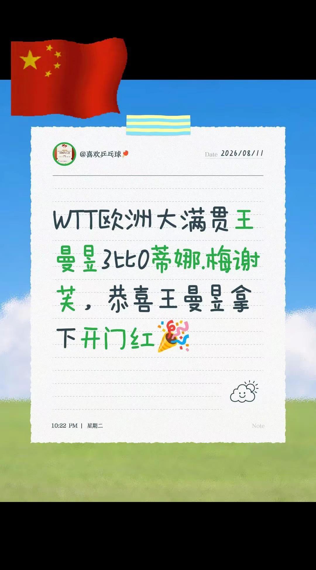 WTT欧洲大满贯王曼昱3比0蒂娜.梅谢芙，恭喜王曼昱拿下开门红🎉上热门话题榜?