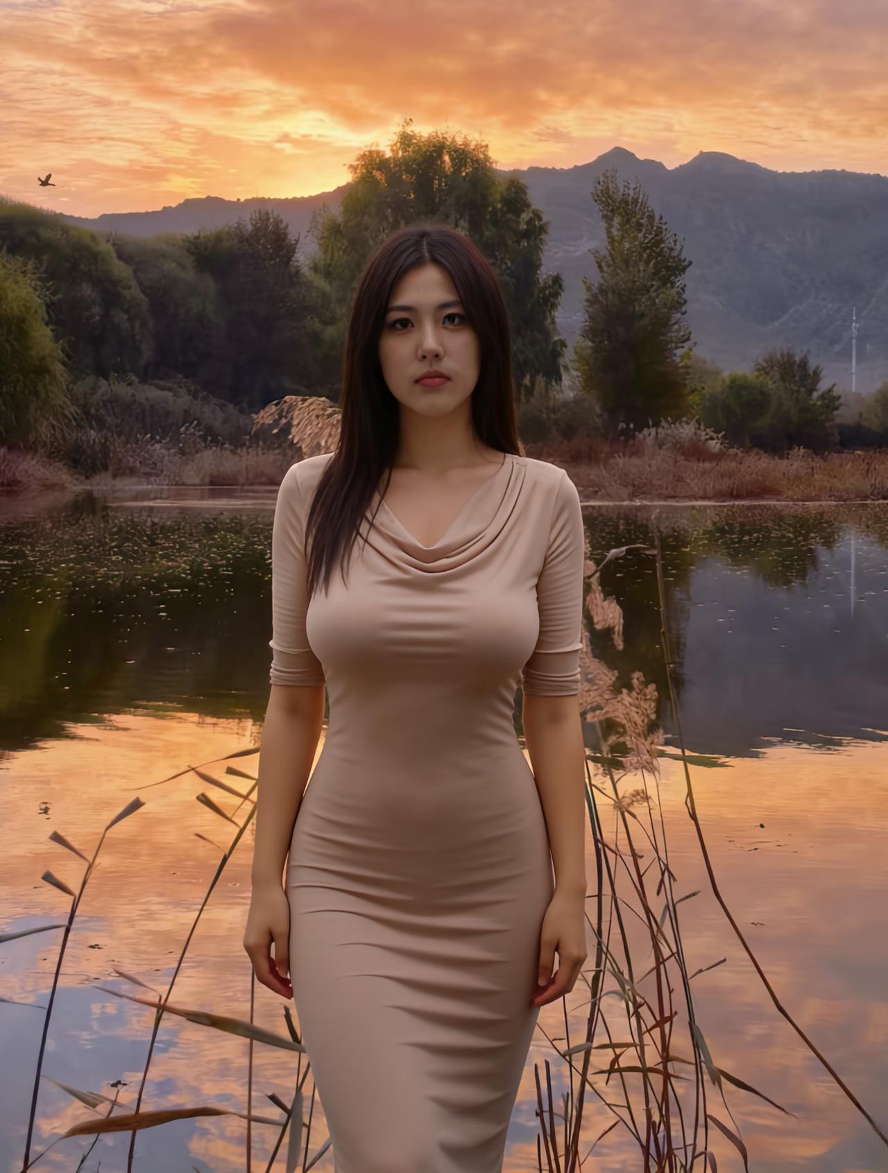 晚霞把湖面揉成了金箔
风掠过芦苇，抖落细碎的光
她站在水畔，像一截温润的玉
裙摆