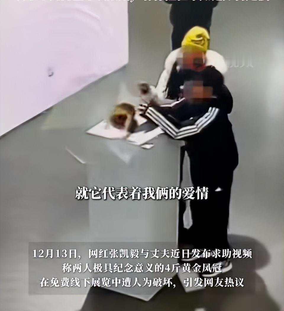 千万粉丝博主张凯毅4斤黄金凤冠在免费展上被毁，一男孩抱住展台柜子，并上手触碰，随
