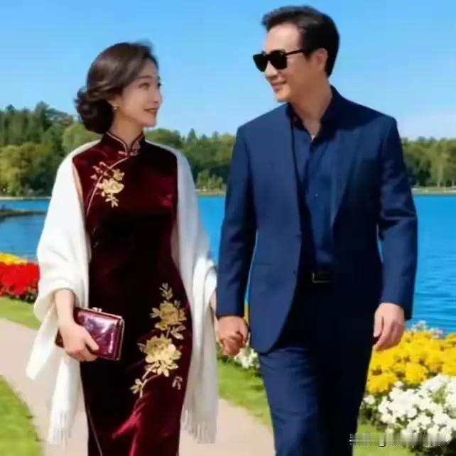 这对中年夫妇漫步在湖边花丛小道上，手拉手如此幸福甜蜜，让人羡慕不已。